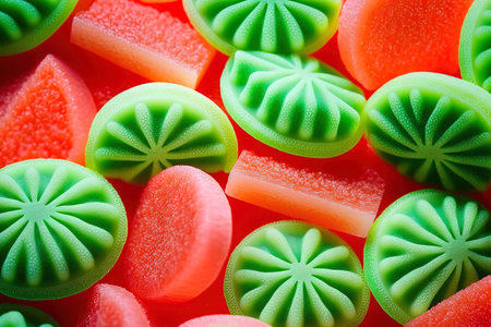 gummy sweets shaped like watermelons in a macro sugar imageの素材