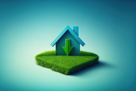 house icon with a location arrow on a blue background with green grassの素材