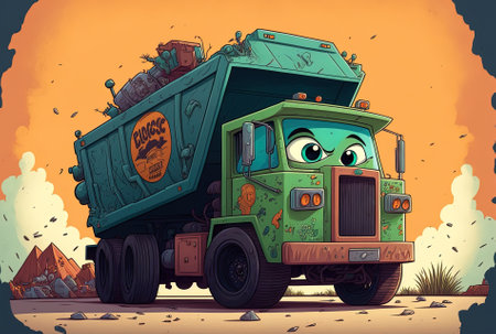 Image of a garbage truck with a trash dumpの素材