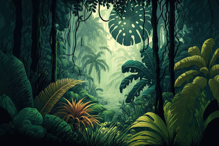Illustration of a tropical leaves wallpaper design in a misty forestの素材