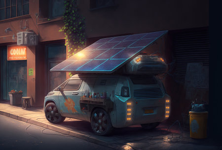 Solar energy is being used to charge an electric vehicle parked on a city streetの素材