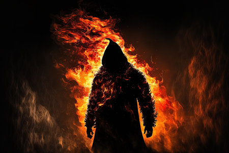 Horror huge figure in an abstract form, flying over the night alone in a fire attireの素材