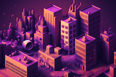 cartoonish purple isometric buildings that shineの素材