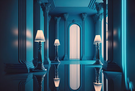 a room with an infinite mirror with blue LED light postsの素材