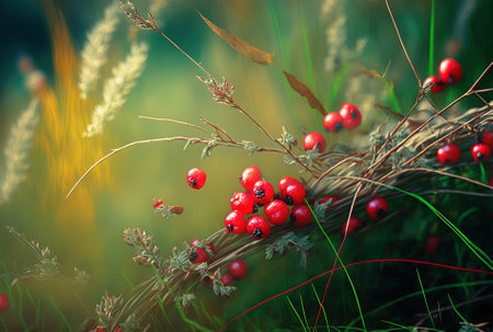 ripe grass with red berries in the backgroundの素材