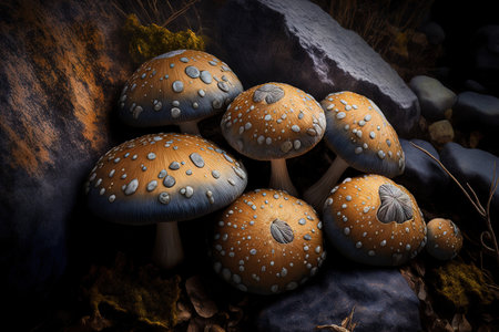 On a dreary day, a close up photograph shows a bunch of mushrooms fastened to a rockの素材
