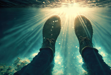 Male feet in a pair on a sea floor that is lighted by the sun, taken underwaterの素材