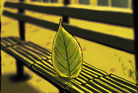 Vertical close up of a yellow leaf on the bench against a backdrop that is fuzzyの素材