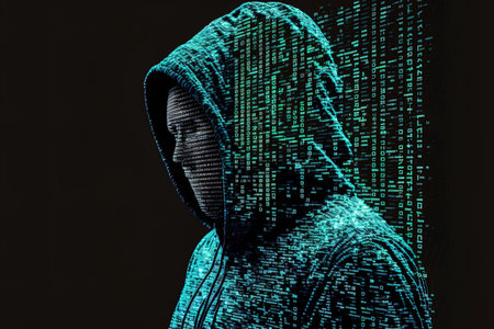 anonymous hacker using a binary interface for computer codeの素材