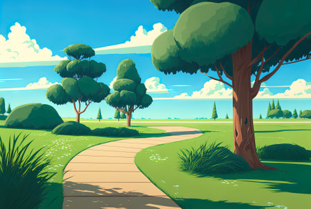 Wide image of a grassy area next to a walkway under a gorgeous blue skyの素材