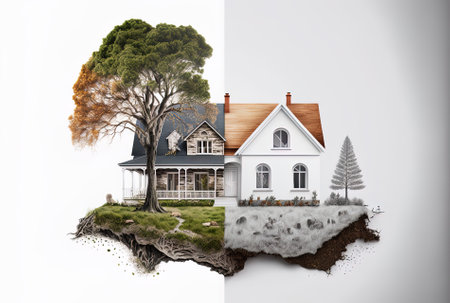 a white background and a front view of a house with natural componentsの素材
