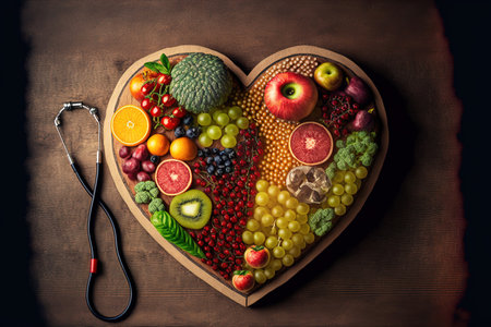 Healthy food in heart and cholesterol diet concept on vintage boardsの素材
