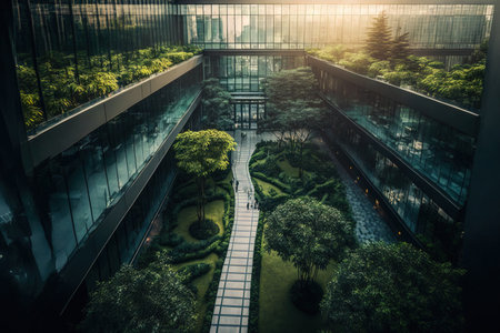 Gorgeous garden on the rooftop of a contemporary glass office building in Asiaの素材