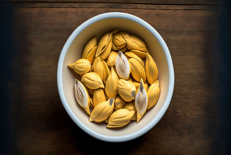Jackfruit seed from mature jackfruit fruit in a white basin on a wooden backdropの素材