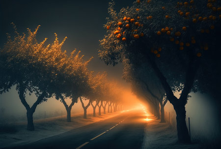 Orange trees and a road in the fog at nightの素材