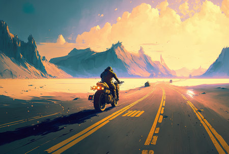 On the road, a motorcyclist is riding. driving the deserted road with enjoymentの素材