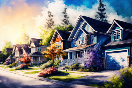 North American suburban homes in the summer. luxurious homes in a beautiful settingの素材