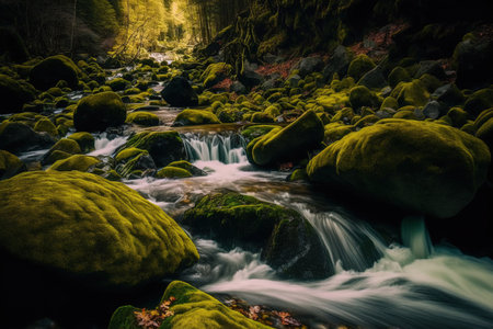 River meandering through moss covered rocksの素材