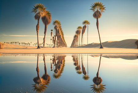 Vertical image of a sandy beach with palm palms reflected in itの素材
