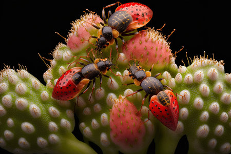 a close up of live insects on fresh strawberry bloomsの素材