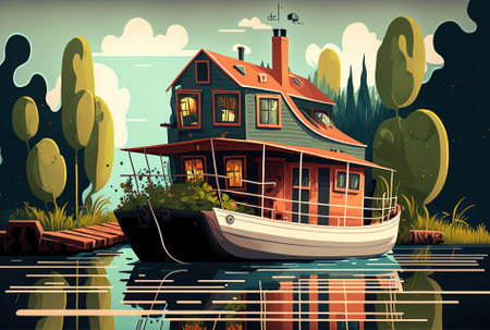 On a river, a houseboat is movingの素材