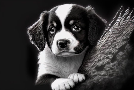 Puppy of the Australian Shepherd, black and white photo.の素材