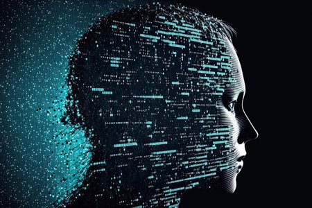 human head silhouette with binary code data 3d renderingの素材