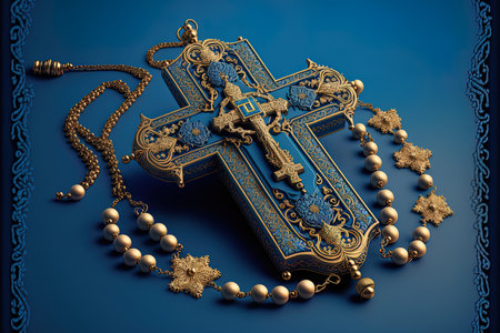 Rosary with an Orthodox Cross on a Blue Backgroundの素材