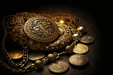 Gold coins and jewelry against a dark backgroundの素材