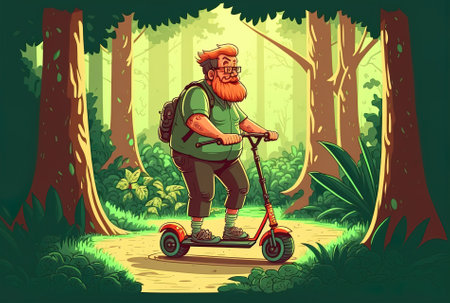 In the summertime woodland, the man is on an electric scooterの素材