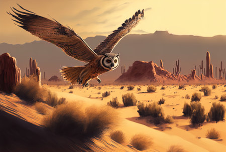 a thumbnail featuring an owl flying through the desertの素材