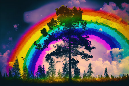 Rainbow in the sky and a natural woodland sceneの素材