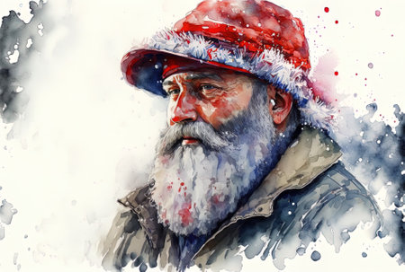 Santa Claus has a red hat and a beard, painted in watercolorの素材