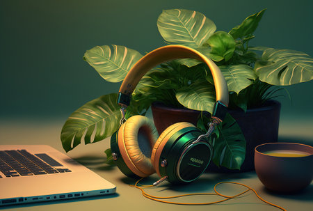 Plant and headphones next to laptopの素材