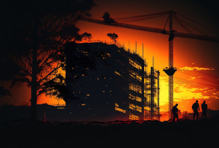 Sunset silhouette of a building siteの素材