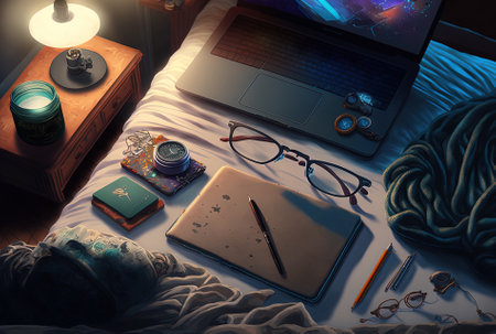 a high angle view of a smartphone, a laptop, and glasses on a bedの素材