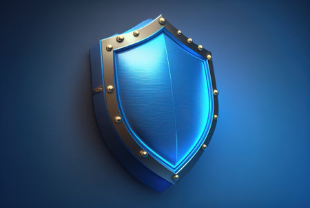 On a blue backdrop, a digital design protection tick icon is enclosed by a shieldの素材