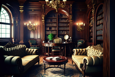 luxurious house library interior. Elegantly furnished sitting areaの素材