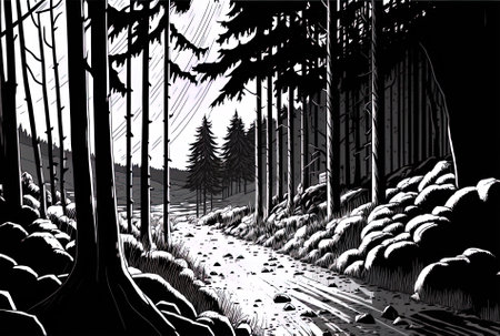 In black and white, a muddy woodland path with tall trees surrounds itの素材