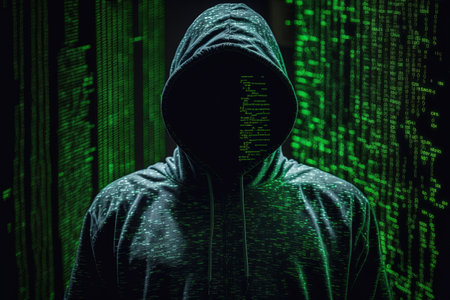 Man with computer screen with green binary matrix binaryの素材
