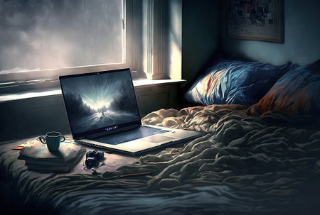 laptop in plain view on the bedの素材