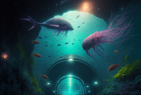 Sea tunnels with cyberpunk jellyfish and artificial jellyfish tentaclesの素材