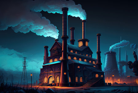 nighttime factory with smoke stack against the skyの素材