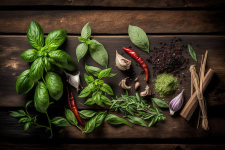 fresh spices and herbs from the kitchen on a wooden table. a top viewの素材