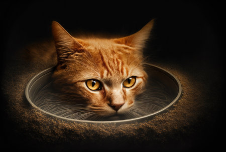 lone image of a ginger cat laying within a pet food bowl and gazing forwardの素材