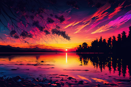color filled sunset at the lakeの素材