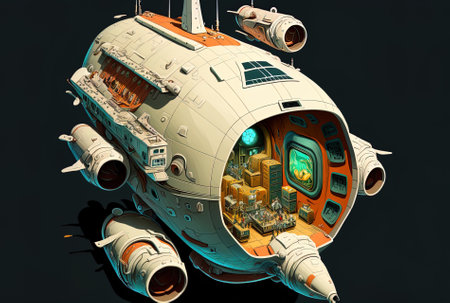Illustration of a small spaceship traveling within a decommissioned space stationの素材