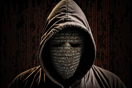 The hooded hacker had the phrase hackerattacked written across his faceの素材
