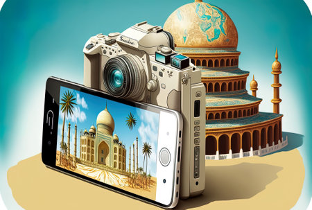 a smartphone, money, and tourism attractionsの素材