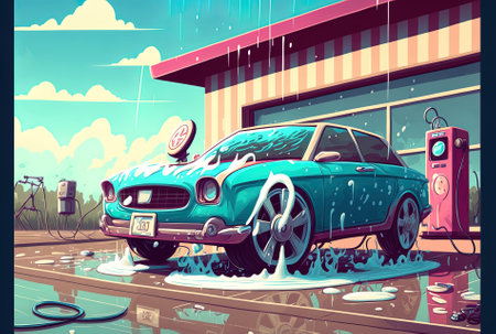 washing an automobile at a car wash with a brushの素材